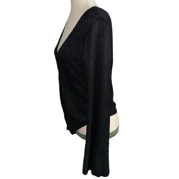 Solid Black Button Down Wide Sleeve Blouse Deep V Neck size L 8/10 stretchy - Picture 10 of 12